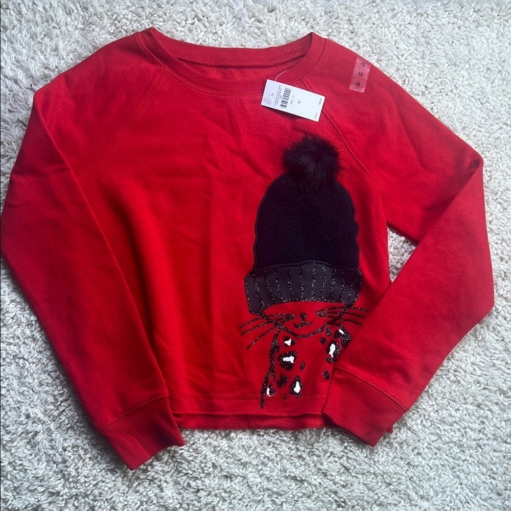 GIRLS JUSTICE SWEATSHIRT EMBELLISHED W/BLACK SPARKLY CAT AND HAT SIZE 12 NWT - Picture 1 of 9